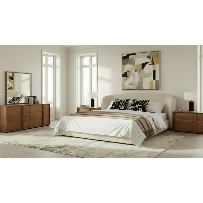 Ensemble de chambre à coucher 4 pièces Lambert + Alvarez - Tissu beige moderne + noyer, Très grand