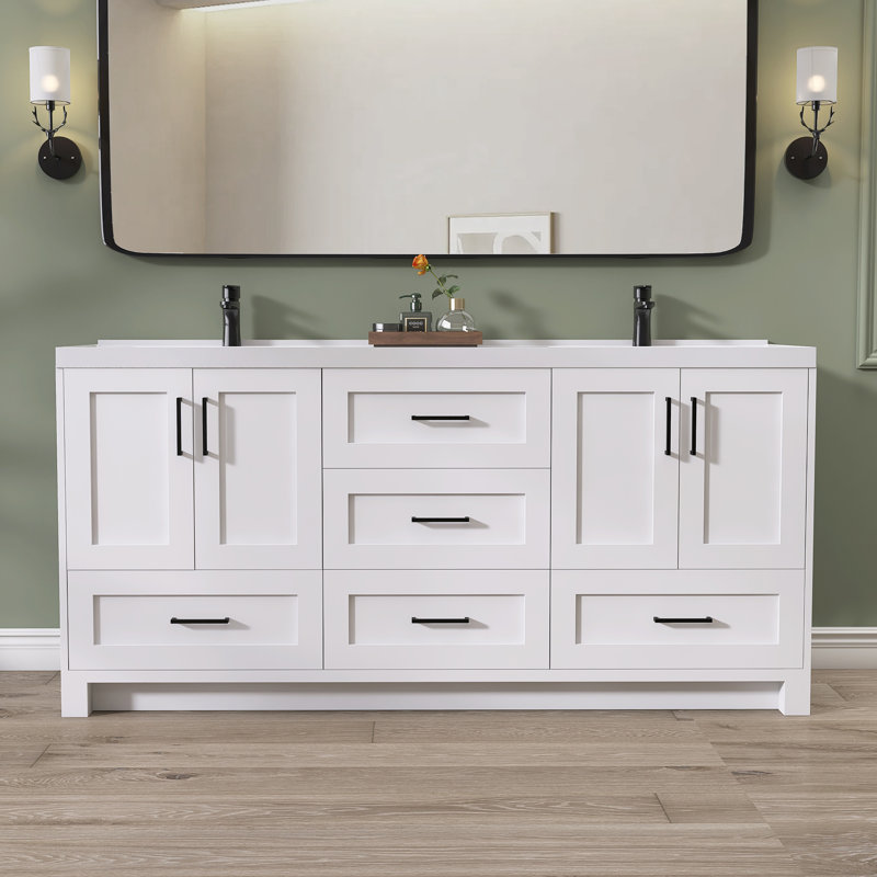 Armoire de meuble-lavabo autoportante en bois massif avec comptoir en bois massif 72 po Rocci, Blanc