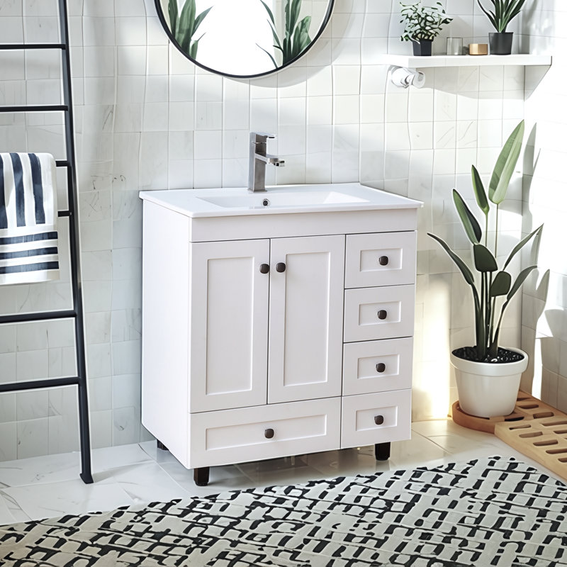 30" Free Standing White Modern Single Bathroom Vanity With Ceramic Sink