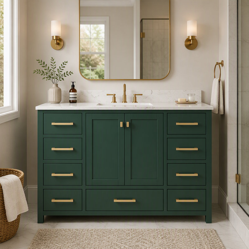 Meuble-lavabo autoportant de 122 cm avec comptoir, structure en bois massif, vert