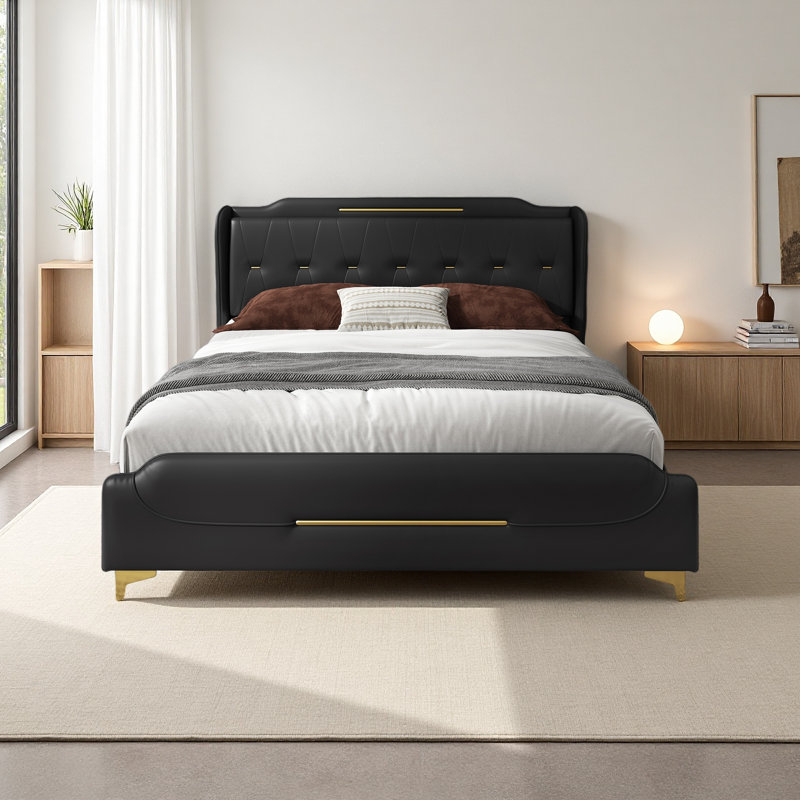 Leather Bed Frame With Wingback Headboard & Footboard,Solid Wooden Slats Support, Black, Queen