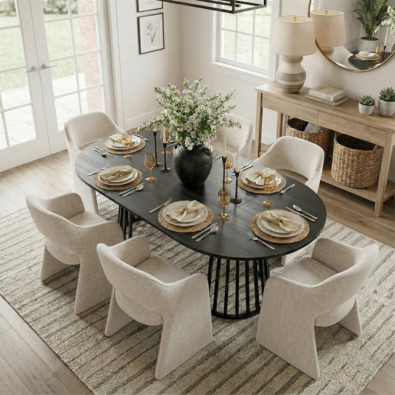 Ensemble de table de salle à manger pour 6 personnes avec table extensible et 6 chaises rembourrées en tissu, Beige