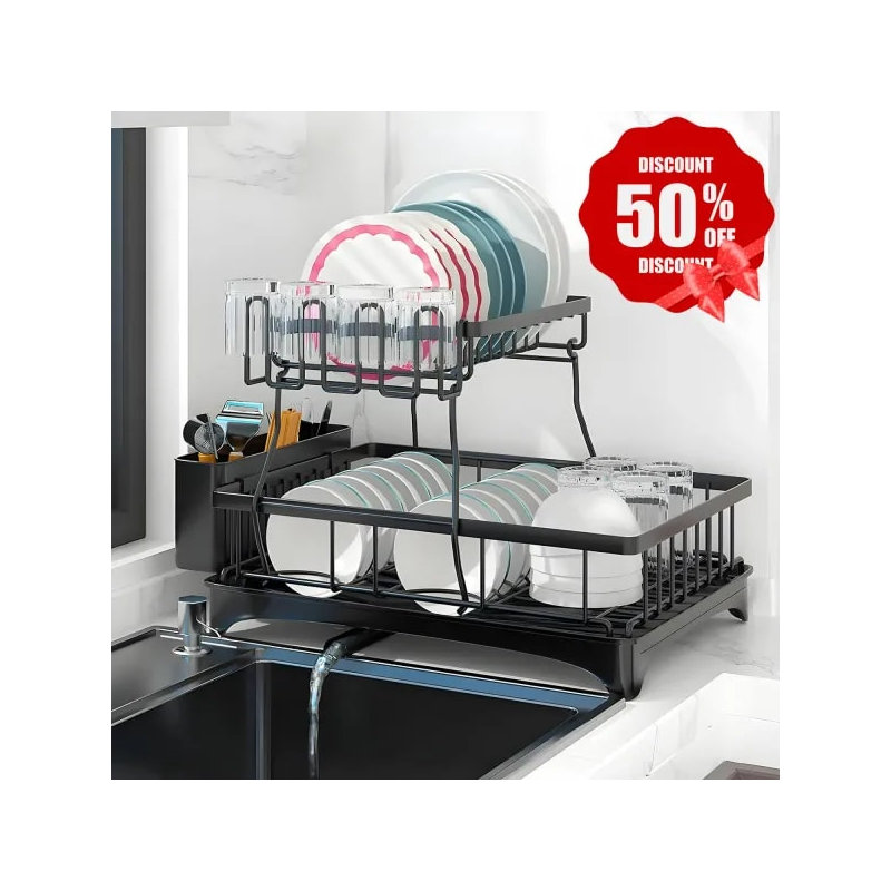 Égouttoirs à vaisselle pour comptoir de cuisine, égouttoir à vaisselle en acier inoxydable avec égouttoir, égouttoirs à vaisselle amovibles avec porte-ustensiles