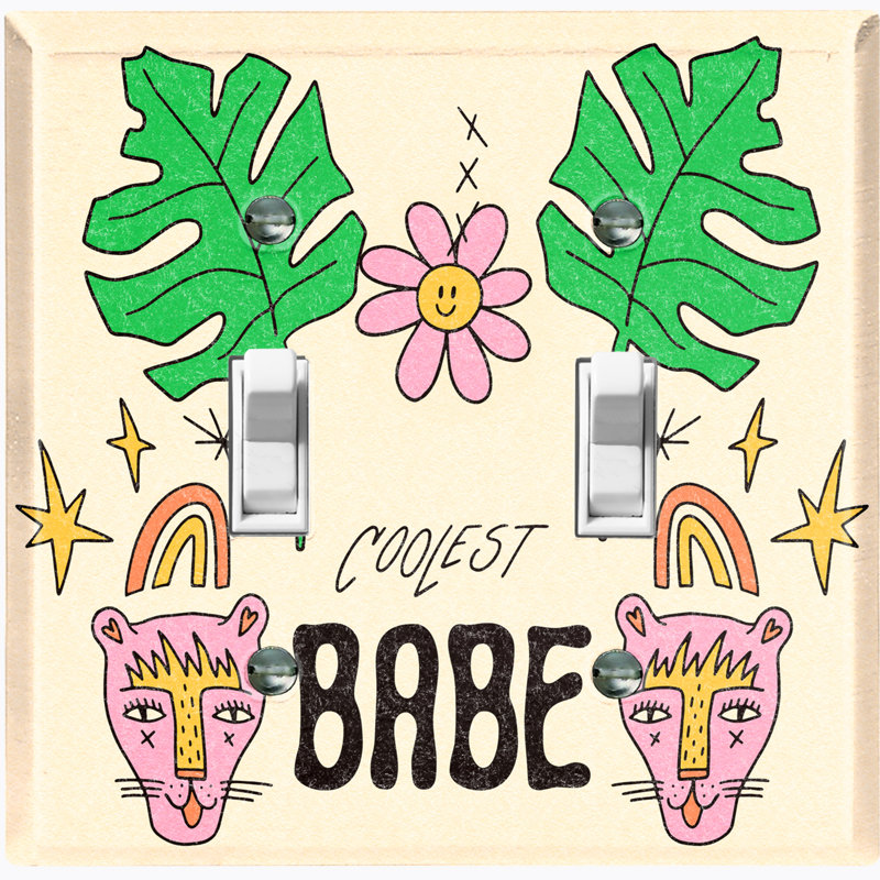 Cute Babe Cool Leaf Cat Doodle Cartoon Beige 2 - Gang Toggle Light Switch Standard Wall Plate