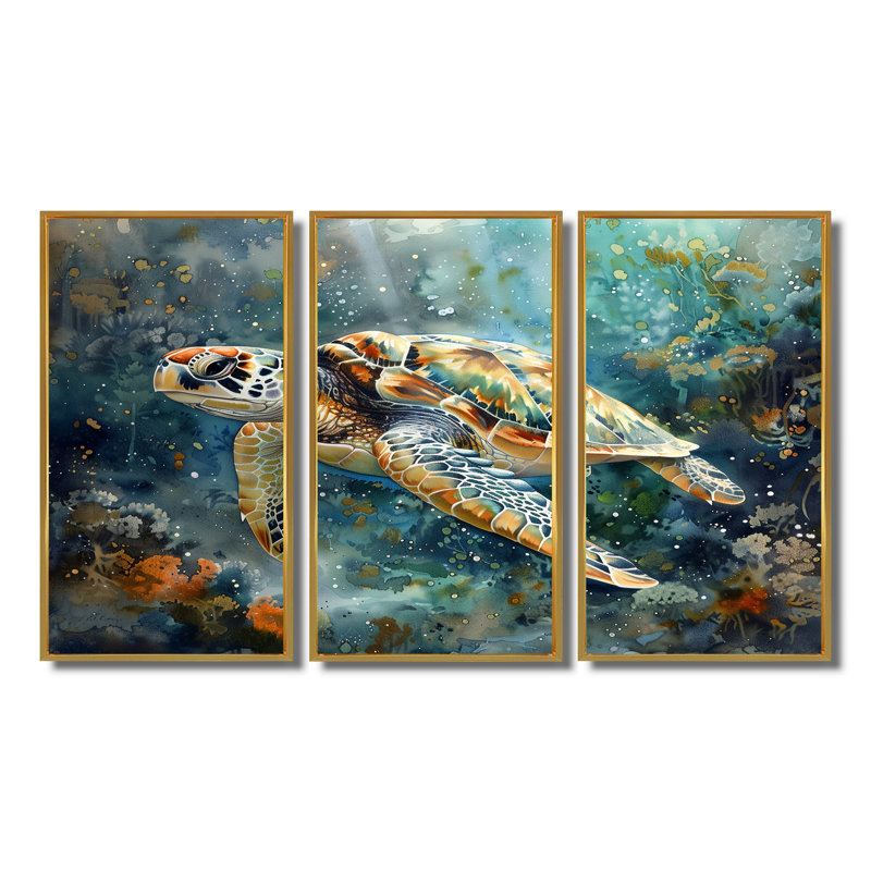 «Sea Turtle Journey II - Ensemble de créatures marines», Toile avec cadre flottant or, H 40 po x l 60 po x P 1 po