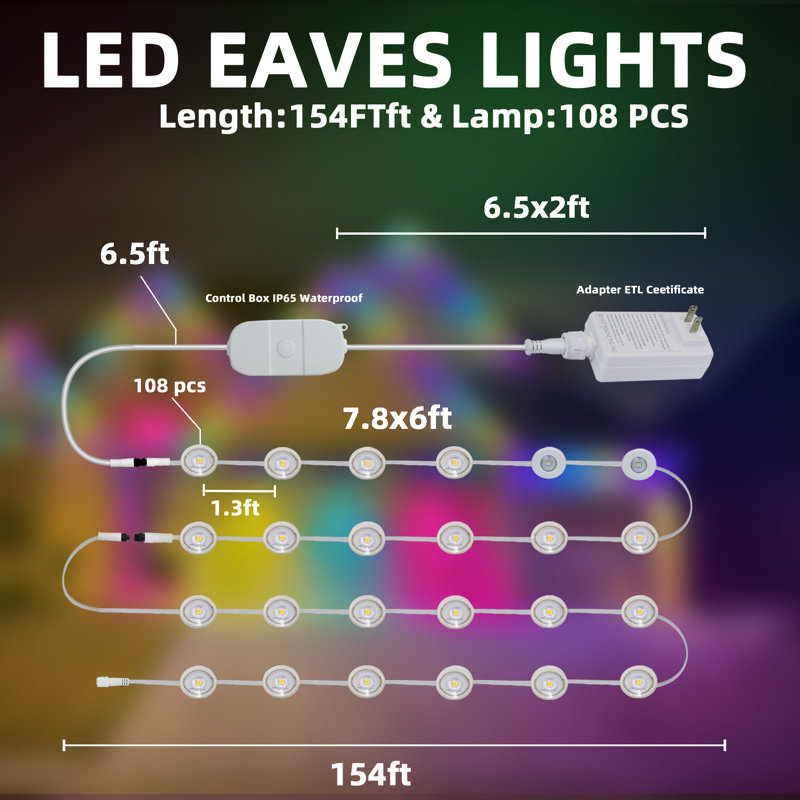Smart Permanent Outdoor Lights, 150ft with 108 LED RGB String Lights, IP67 Waterproof Eaves Light