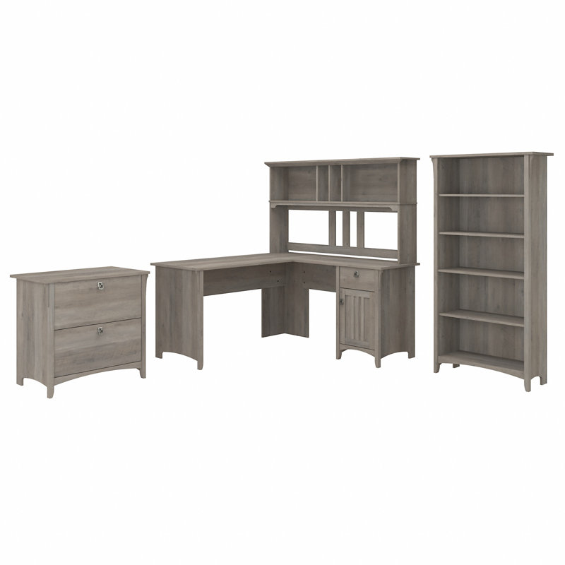 Ozro L-Shape Credenza Desk with Hutch, Driftwood Gray