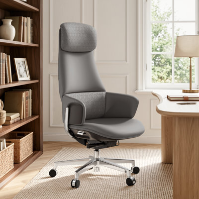 Top-Grain Genuine Leather High Back Executive Office Chair, Wide Wrapped Armrests, Height Adjustable Swivel Tilt Desk Chair (Gray)