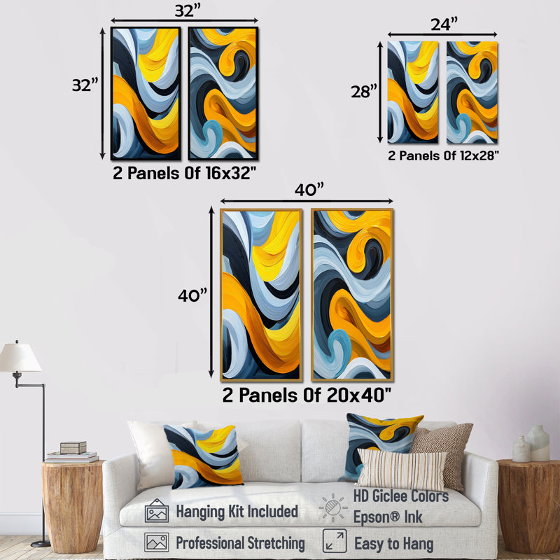 Bleu et jaune, lignes de vapeur océaniques I - Collection d'art mural abstrait 2 pièces, Cadre flottant noir
