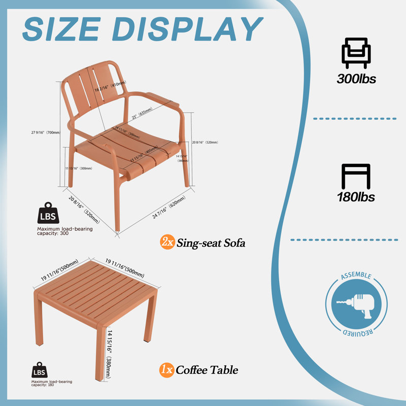 3-Piece No-Assembly PP Seating Group, Apricot Brown