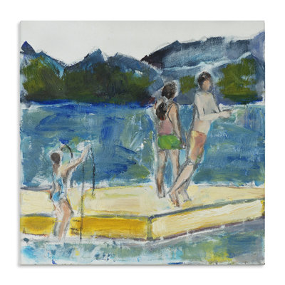 Kids on Swimming Dock Abstract Contemporary Lake Scene by Susanne Marie - Painting
