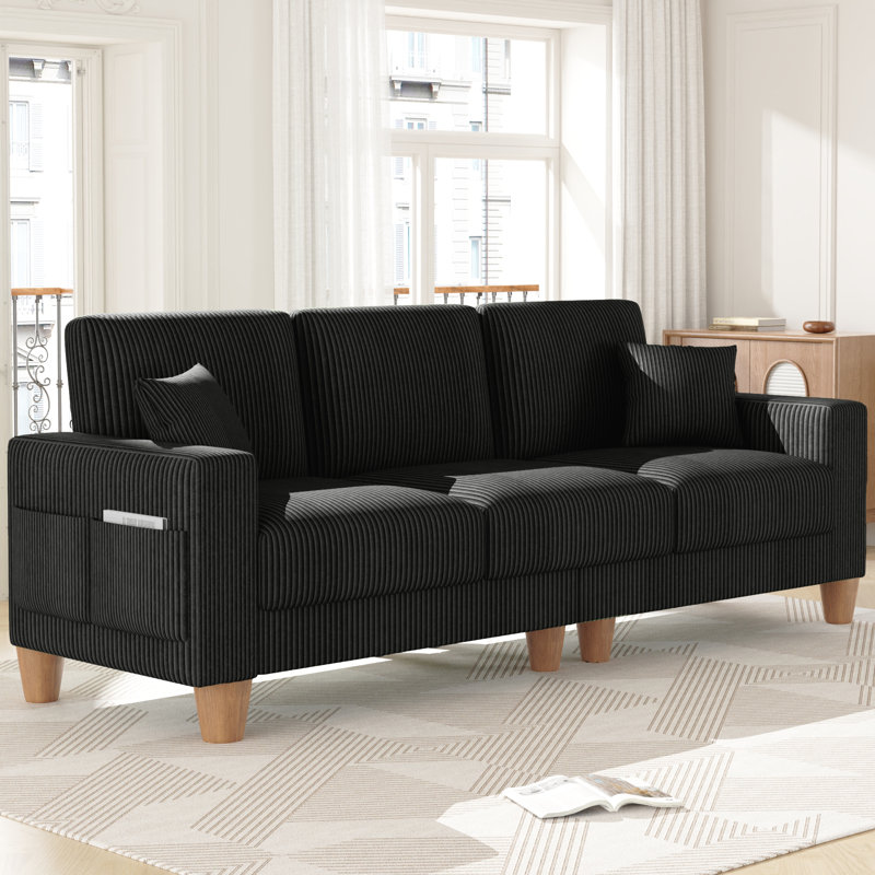 Oversize Sofa 256cm Corduroy Sofa with 3 Seats, No Tool Assembly,Solid Wood Frame and Solid Wood Legs, Black