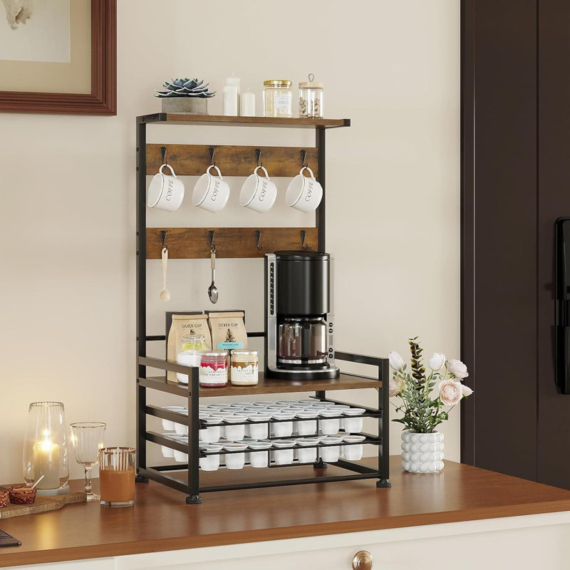 Organisateur de dosettes de café avec tiroirs coulissants, peut contenir 56 K-Cups, comprend des crochets à tasses et une tablette de rangement pour la cafetière, une station de comptoir autoportante pour la maison ou le bureau