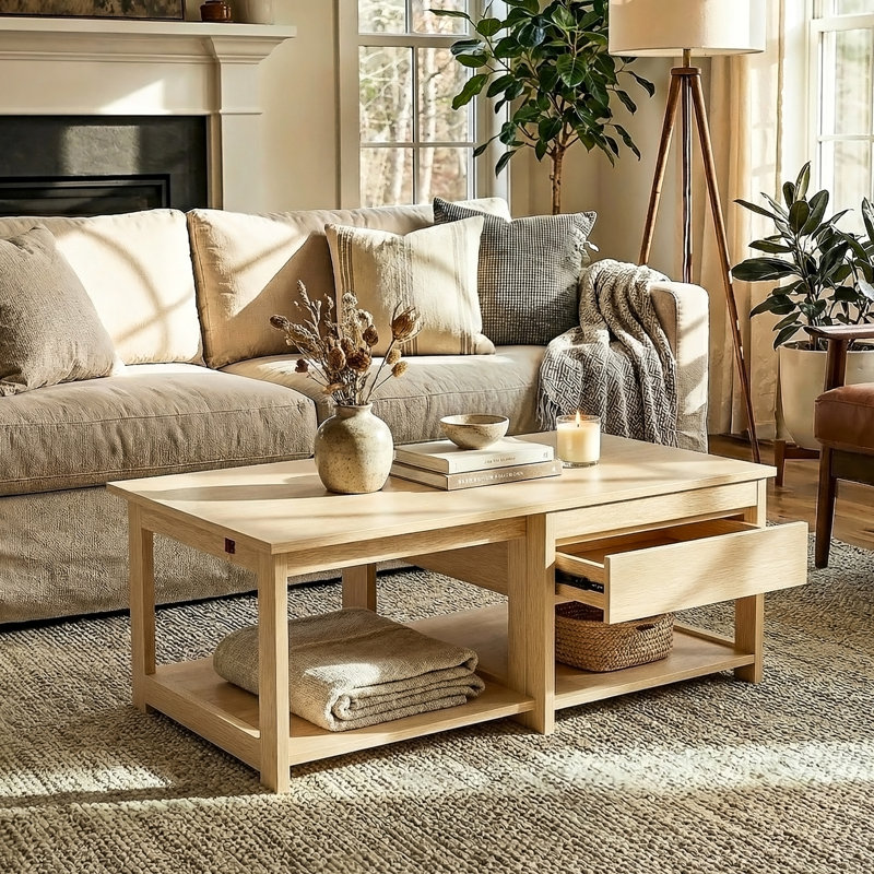 Table basse convertible en table à manger et bureau, table basse gigogne en bois naturel avec tiroir et tablette de rangement