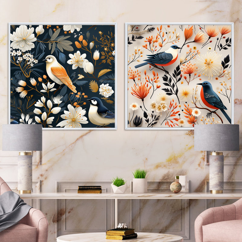 Catharine - Ensemble de 2 collages carrés floraux, Cadre flottant blanc, H 36 po x l 73 po