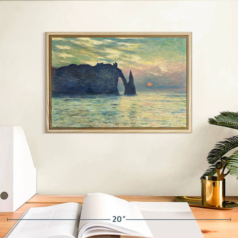 Coucher de soleil sur la falaise d'Etretat, Cadre flottant en bois naturel, 13 po x 9 po