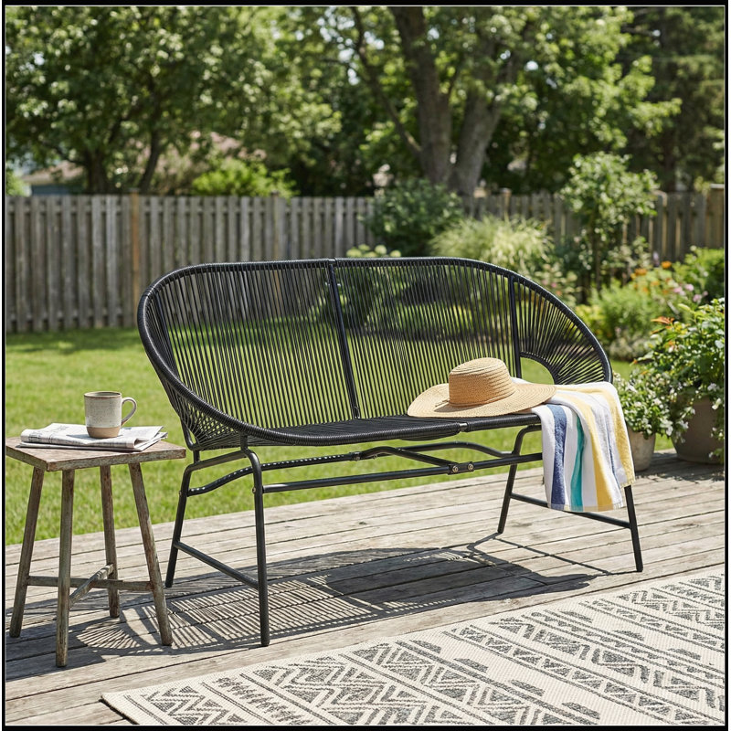 Causeuse d'extérieur en osier de patio avec structure en fer, Noir
