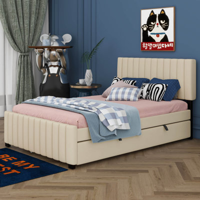 Lit plateforme double, structure de lit tapissier en bois avec lit gigogne simple et tête de lit capitonnée verticale