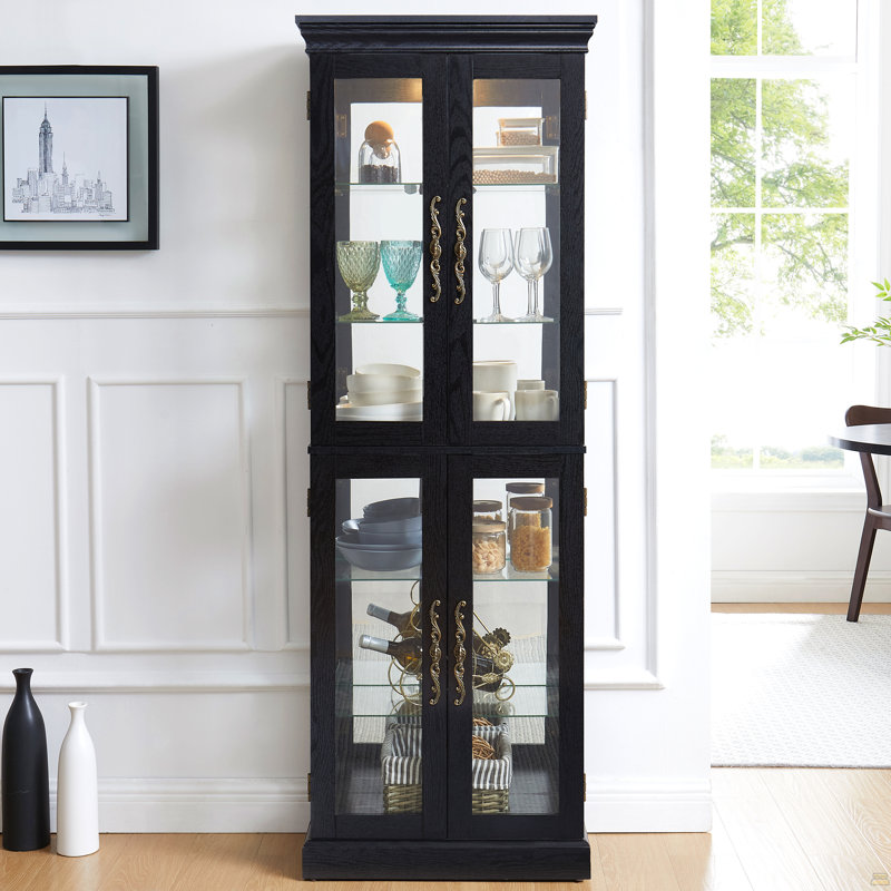 Elegant Lighted Glass Curio Display Cabinet - Wooden Frame Storage - Includes Light Bulb