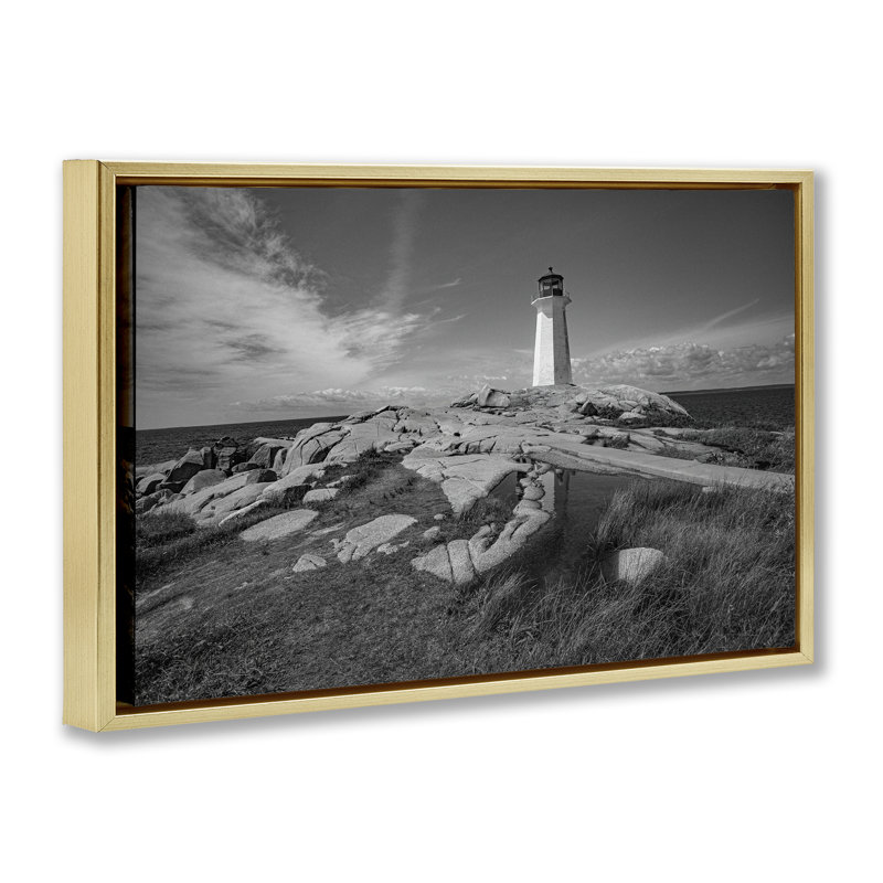 Cadre flottant au cœur du phare, design par Norm Stelfox, H 21 po x l 31 po, Cadre flottant métallique doré