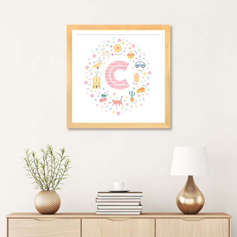 Lettre illustrée C rose - impression, Blanc, H 24 po x l 24 po x p 1 po, Papier avec cadre beige