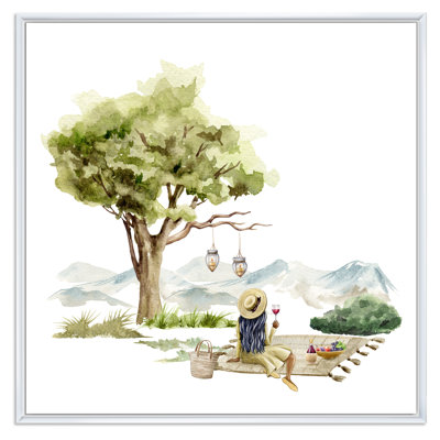 Jeune fille assise avec un verre de vin sous un arbre - impression d'art sur toile