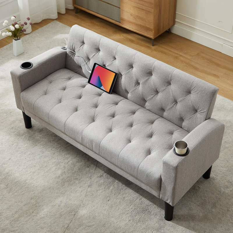 Sofa Seats Modern Style Comfy Small Sofa with Pocket Storage 2 USB 2 Cup Holders Upholstered Couch for Living Room Bedroom Office