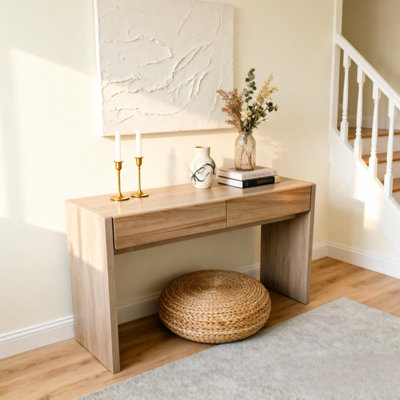 47 Inch 2 Drawer Entryway Console Table in Natural Wood Finish - Melamine Narrow Sofa Table for Hallway Living Room Foyer Apartment - Storage Display Table for Decor and Books