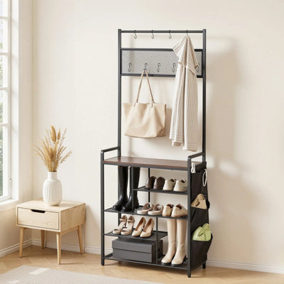 Portemanteau, porte-manteau 70,9 po avec rangement pour chaussures, range-chaussures autoportant à 4 niveaux avec crochets, poche latérale et tablette grillagée, porte-manteau d'entrée en acier pour vestibule, chambre à coucher, garde-robe