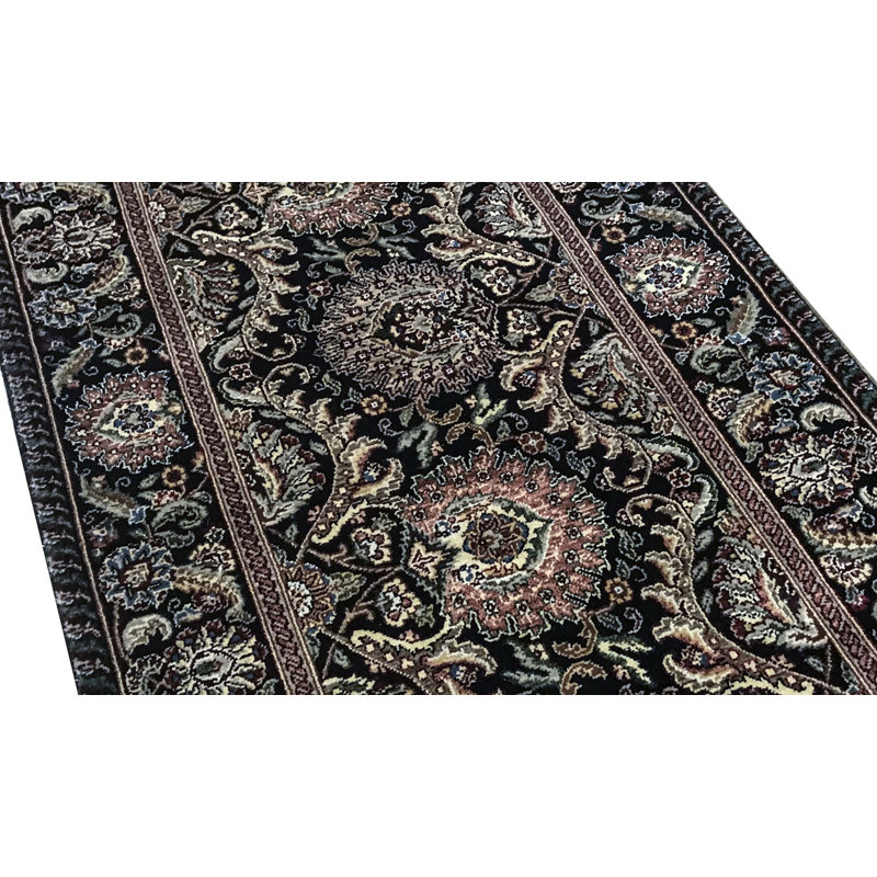 Wool Oriental Area Rug in Black, Runner 2'6" x 12'