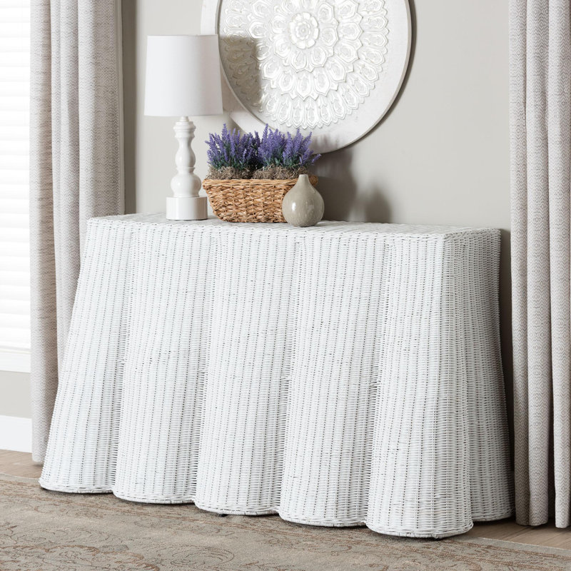 Brazley Bali & Pari Palm Bohemian Seafoam Scallop Rattan Console Table, White