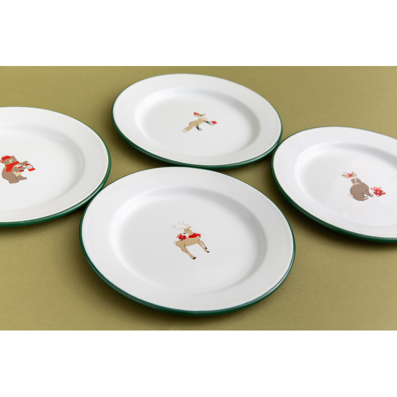 Helmsie x CCH Holiday Animals Flat Salad Plates, Set of 4, Green Rim