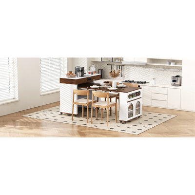 TREXM Extendable Dining Table With Extra-Long Folding Top, Rolling Kitchen Island With Drawers, Power Outlet And Brake Lock, Storage Cabinet For Kitchen And Dining Room (Walnut + Creamy White)