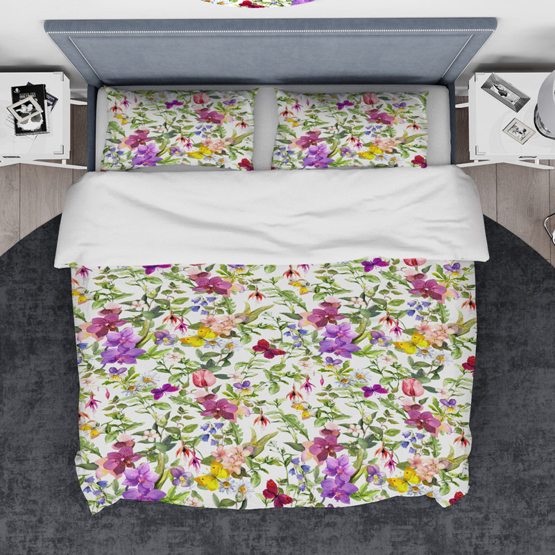 Ensemble de housse de couette designart à fleurs orchidées papillons, Housse de couette très grand + 2 taies décoratives