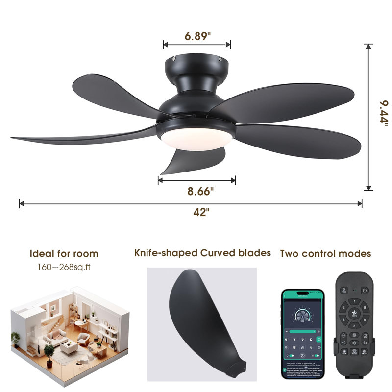 42 Inch Modern Indoor Low Profile Ceiling Fans With Lights And Remote/App, Black