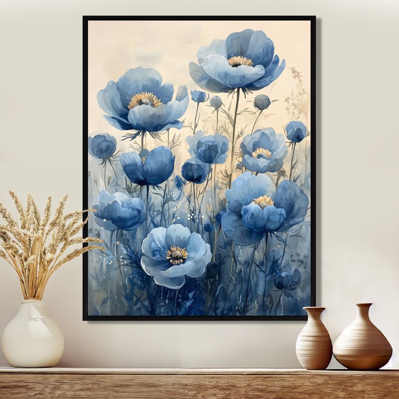 "Pusines bleues sombres dans le pâture III" - pivoines, art mural, Noir, Reproduction avec cadre flottant, H 20 po x l 12 po