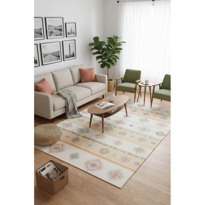 Tapis décoratif crème / jaune Ottilie, Rond 8 pi 3 po