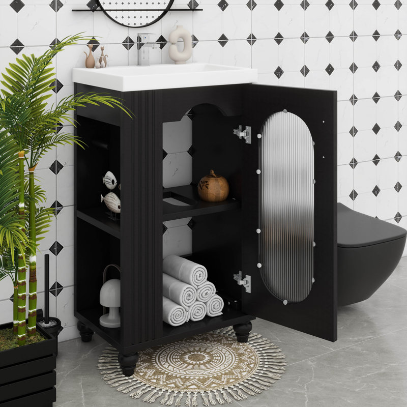 Meuble-lavabo moderne de 20 po avec lavabo en céramique et porte en verre, tablette réglable, Noir