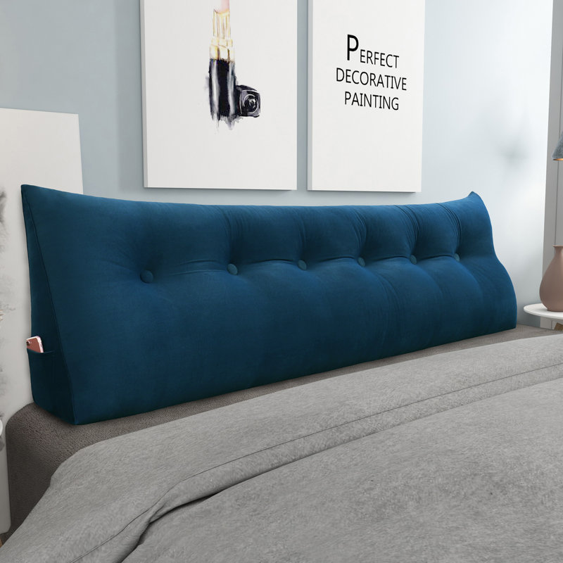 Sit-up Back Comfort Velvet Headboard Wedge Reading Pillow Triangular Backrest Back Support, 20" H x 59" W, Dark Blue