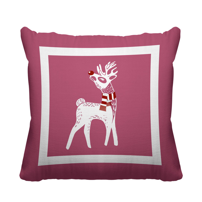 Coussin décoratif intérieur / extérieur Folk Christmas Reindeer, L 17 po x H 17 po, Rose