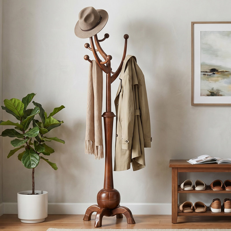 Janiya 8-Hook Solid Wood Freestanding Coat Rack, Brown