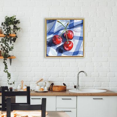 Trois cerises de pique-nique sur cadre flottant en guingan, design par Kate Jarvik Birch