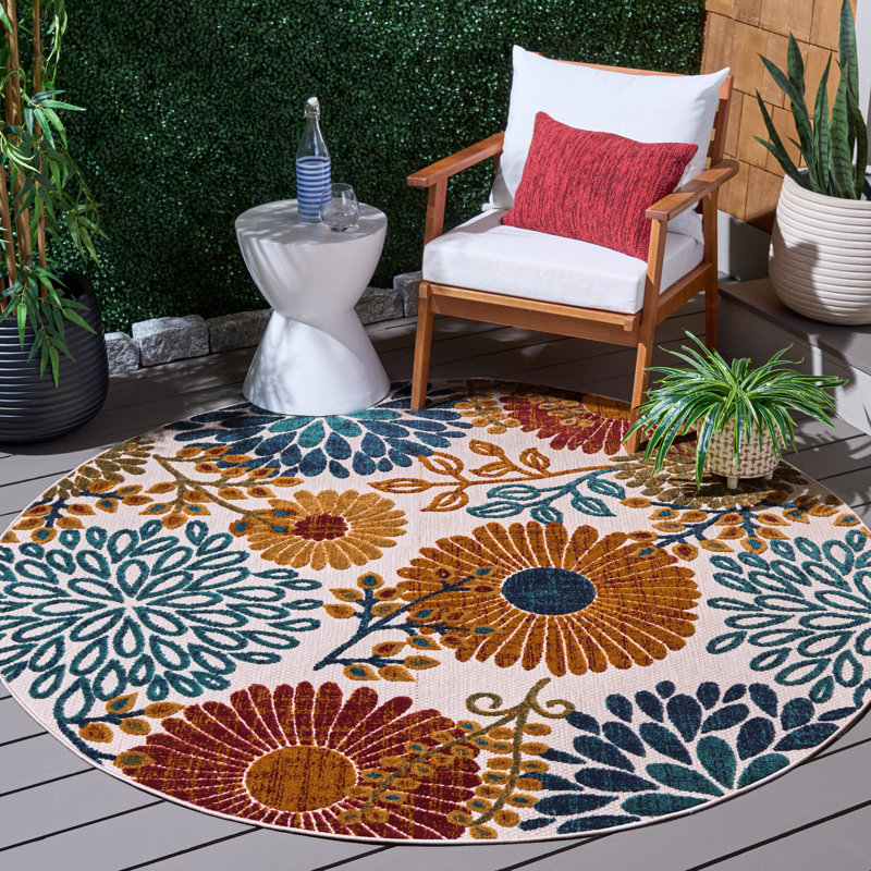 Kellems Performance Floral Indoor/Outdoor Area Rug, Round 8', Blue/Orange/Cream