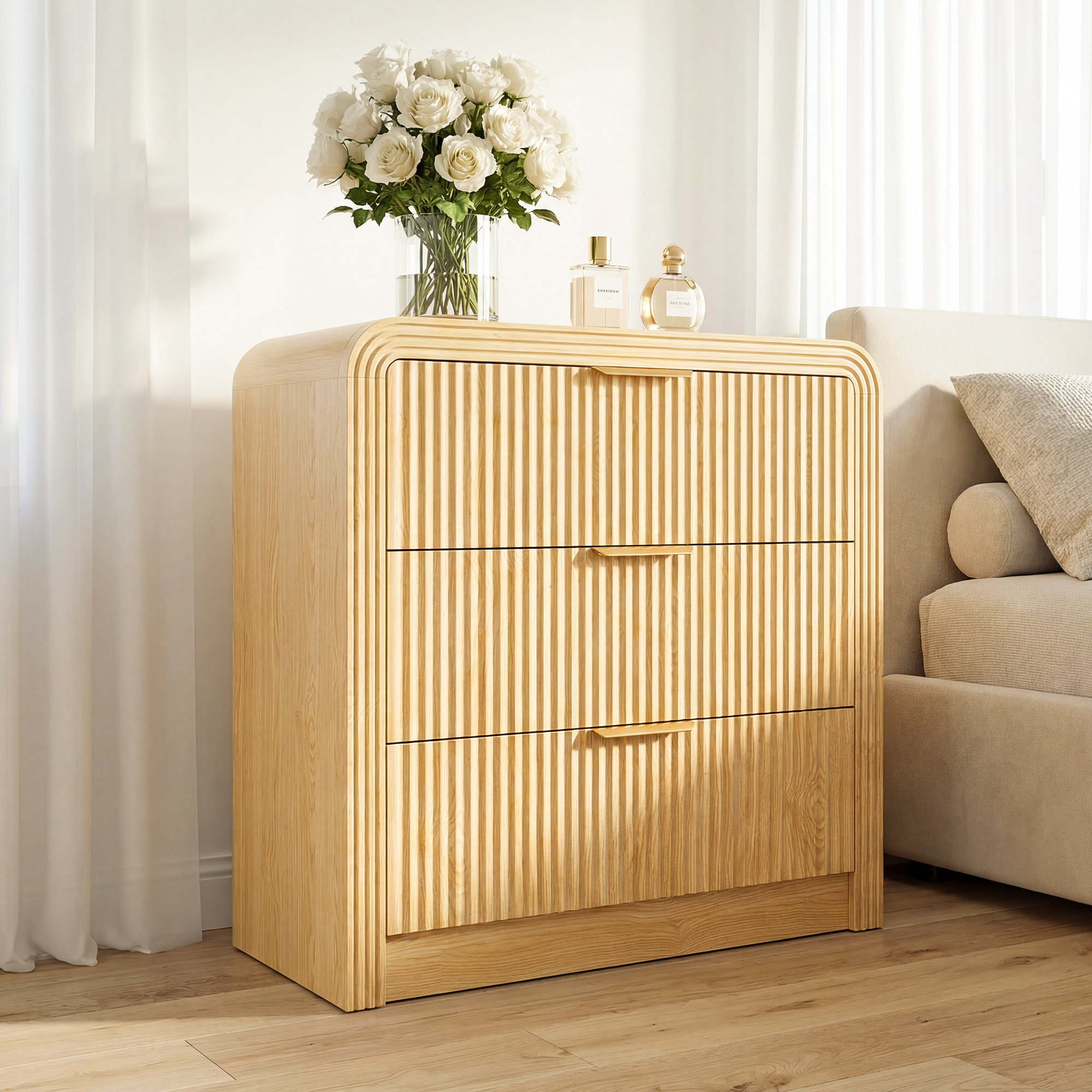 Ebern Designs Fluted 3 Drawers Dresser With Charging Station, 31.5 ...