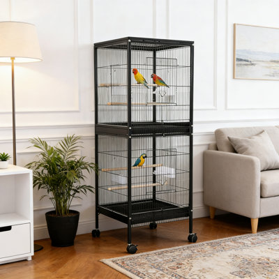 Cage à oiseaux avec roulettes, cage de perroquet en métal de 140 cm de large avec perchoirs, mangeoires, boissons et plateau amovible pour volière Cockatiel Lovebird, volière 51 x 50 x 140 cm