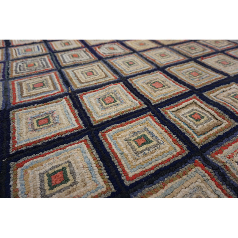 Small Square Antique Late 19th Century American Log Cabin Folk Art Design Hooked Rug