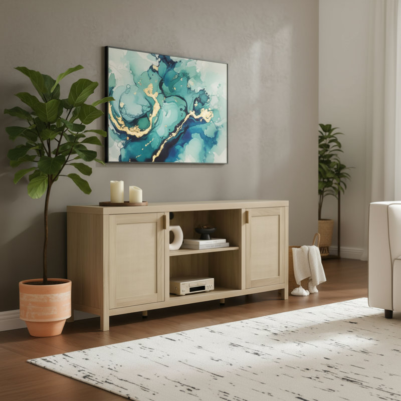 59-Inch Bohemian-Style Rattan TV Stand | 26 Inches High, Light Oak Color, Adjustable Shelves + Storage