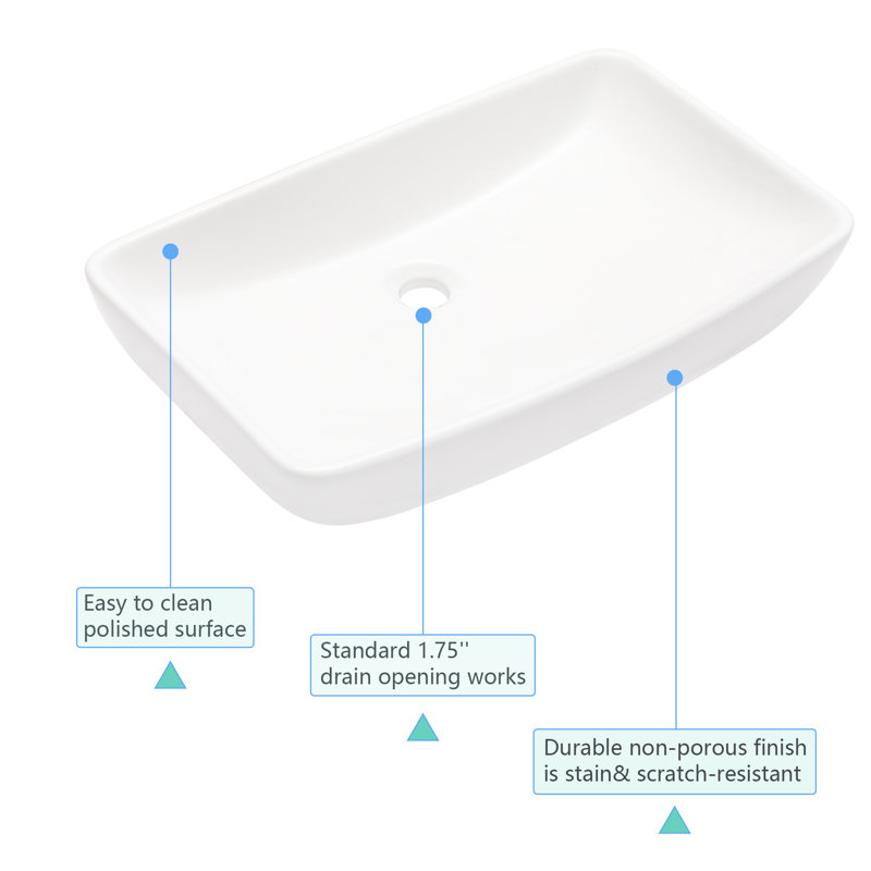 24" L x 15.5'' W White Ceramic Bathroom Sink Rectangular Above Counter Vessel Sink