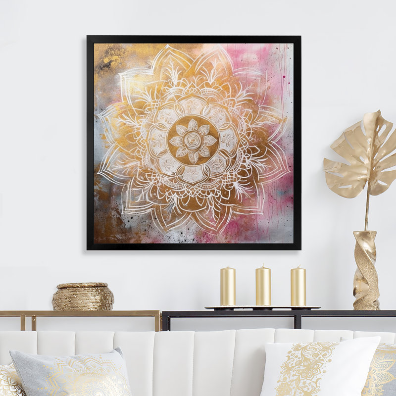 Mandala doré rose I - impression, Cadre simple noir, H 36 po x l 36 po x P 1,5 po