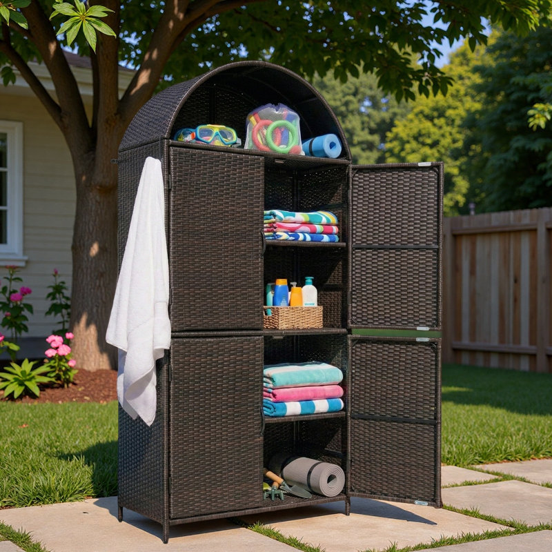 Grande armoire de rangement extérieure en osier avec tablettes réglables, tablette supérieure ouverte et pieds de support réglables en hauteur